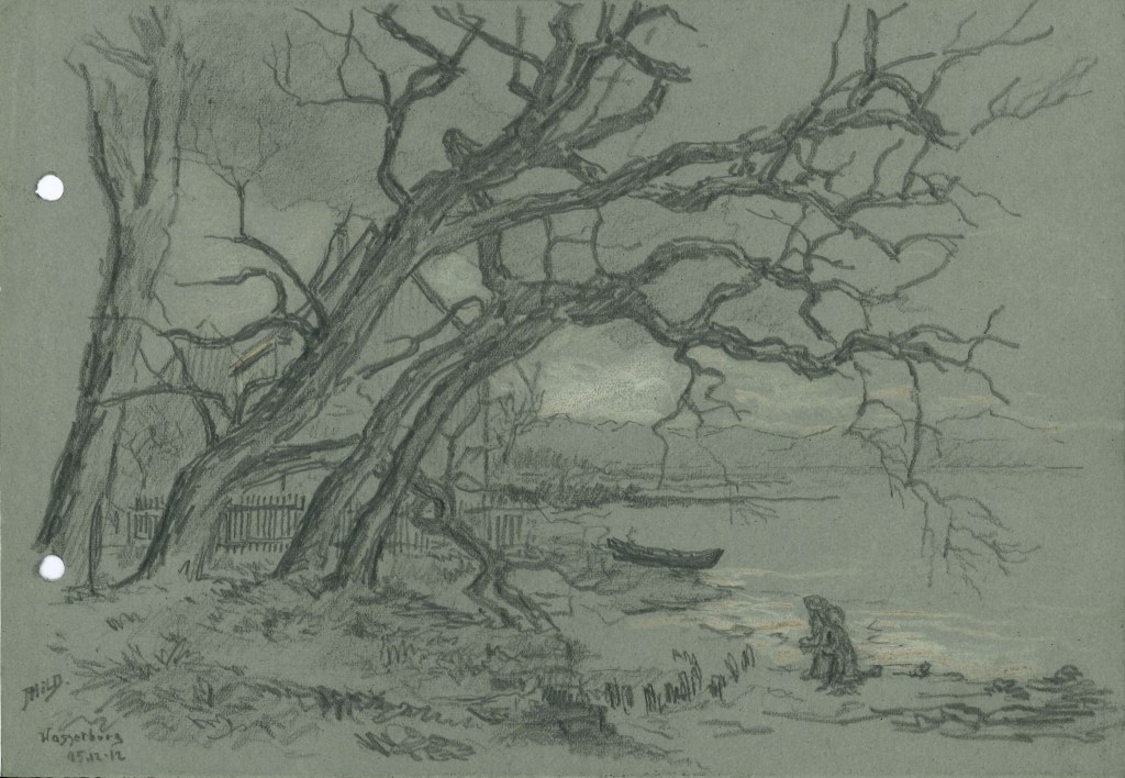 Kohlezeichnung von Wasserburg (Deutschland) von Adolf Hild aus dem Jahr 1912, Zeugnis seiner zeichnerischen Tätigkeit neben der Archäologie.