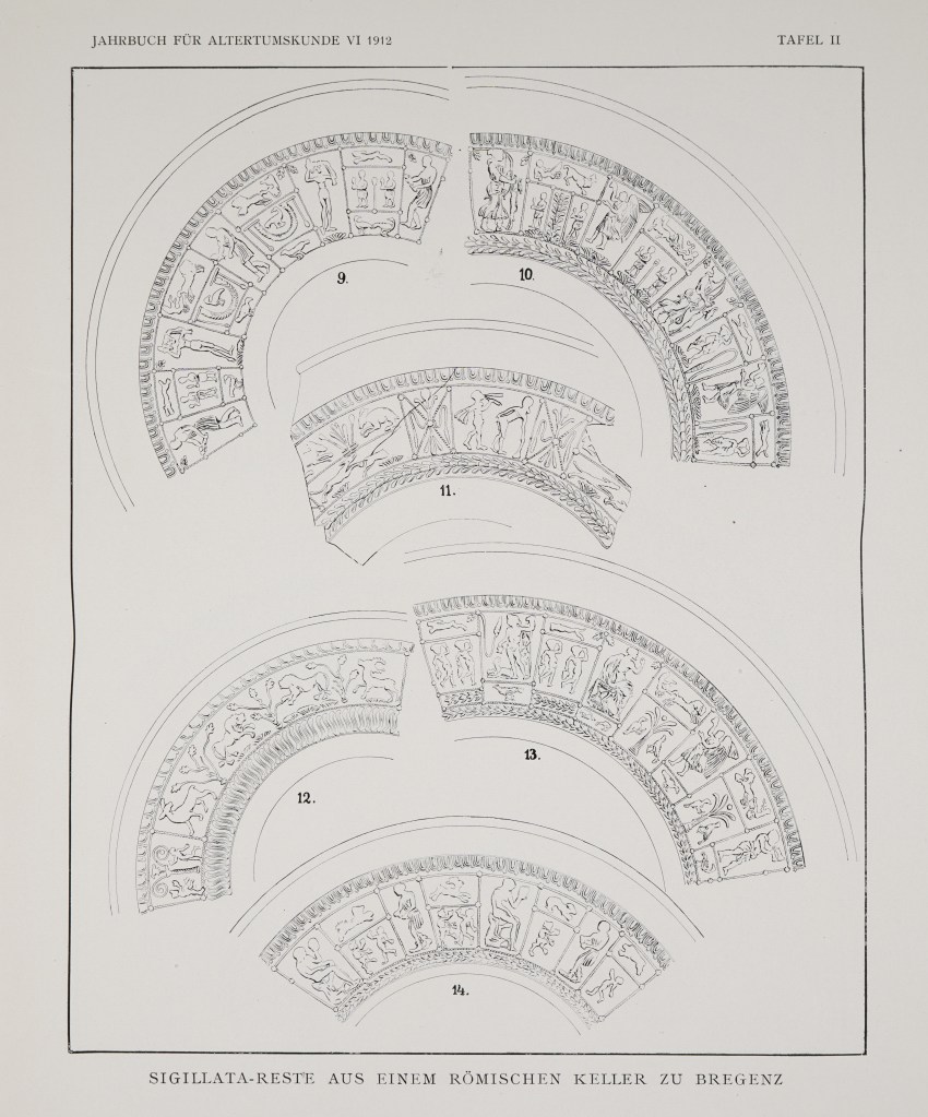 Zeichnung römischer Terra-Sigillata-Gefäße aus einer Ausgrabung in Brigantium (Bregenz), veröffentlicht 1912.