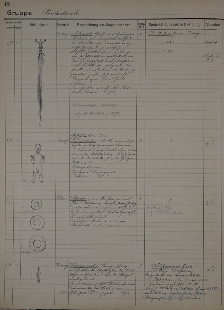 Inventarbuch mit handgezeichneten prähistorischen Fundobjekten aus der Sammlung des Vorarlberger Landesmuseums.
